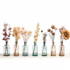 Four vases of flowers are arranged in a row