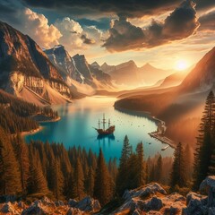 Majestic Sunset: Reflective Lake in the Mountain Valley - obrazy, fototapety, plakaty