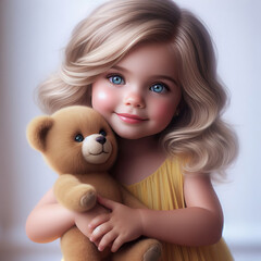 A little girl plays with a toy bear. Love to the animals. Children's games