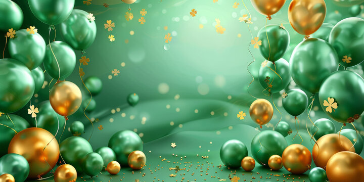 st patricks day balloons on green background with shamrocks  confetti and clover, happy birthday party, christmas, empty space for text , banner, card, green balloons