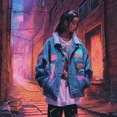 Urban Street Style: Confident girl in blue jacket against colorful graffiti wall