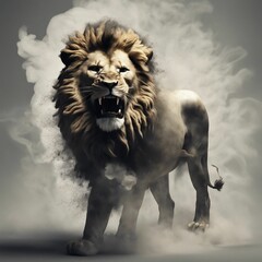 Majestic lion with a magnificent mane standing boldly in the midst of swirling smoke