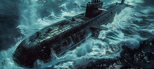 Big nuclear submarine on ocean surface. Generative AI technology.