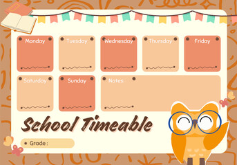 School timetable template with cartoon owl teacher and book equipments school. Back to school schedule weekly.  