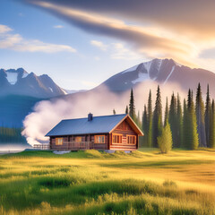 Fototapeta premium Wooden houses in a meadow against the backdrop of a mountain range and sunset. A wooden house is on fire. Fire danger