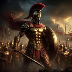Mighty Spartan Warrior in a Fierce Battle Wearing a Red Cape