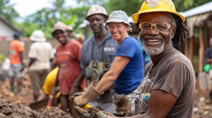 The joy of service radiates from this group of smiling retirees as they help build a community center on their volunteer trip abroad. - obrazy, fototapety, plakaty