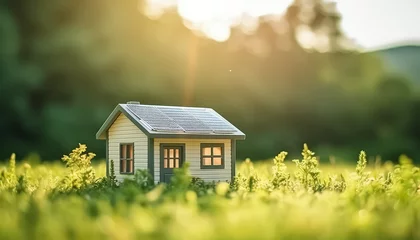 Rolgordijnen Miniature house on a green meadow © terra.incognita