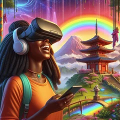 Poster Im Rahmen Immersed in Colorful Virtual Reality - Woman in VR Glasses and Headphones Enjoying a Rainbow Landscape © Shaig Agayev