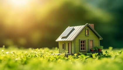 Miniature house on a green meadow