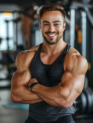 Fototapeta premium American Male Personal Trainer Smiling with Gym Background
