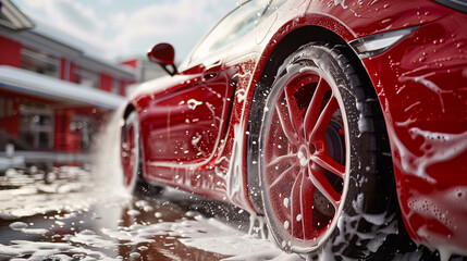 Red car washing in outdoor