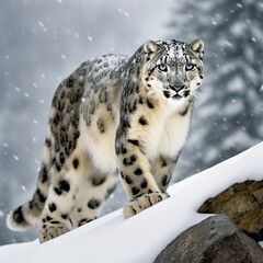 Graceful Snow Leopard Roaming Majestic Snowy Landscape