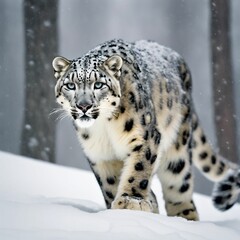 Majestic Snow Leopard Roaming Through Winter Landscape in Search of Prey