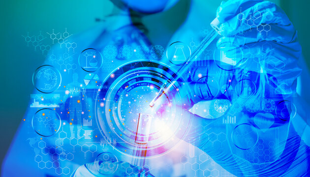 Science and medicine Scientists analyze and drop samples into glassware. Experiment with chemical liquids in a laboratory. - Powered by Adobe