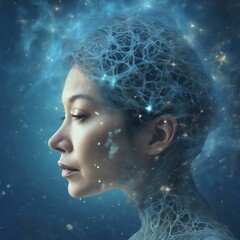 Cosmic Dreams: Woman's Head with Fractal Space Texture on Blue Background