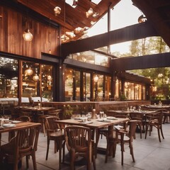 Fototapeta na wymiar Rustic restaurant interior with wooden tables and chairs creating a cozy ambiance