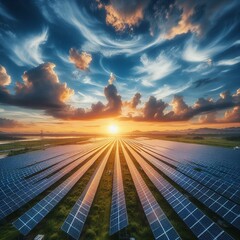 Renewable Energy Concept: Solar Panels at Sunset Generating Clean Power