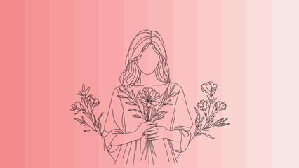 Woman Holding Bouquet of Flowers, Women's Day, March 8, Mother's Day, Vector, poster, painting, doodle, handmade, spring