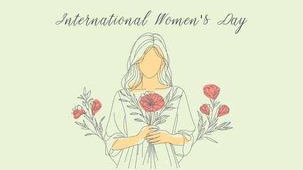 Line art illustration that appears to celebrate International Women's Day. It features a woman holding a bouquet of roses, with the roses being detailed and vibrant against the simplicity of the line 