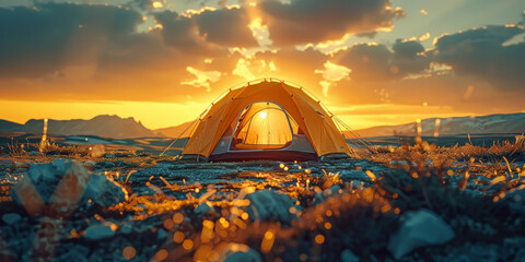 Camping  tent on the side of the desert road at sunset or sunrise , adventure travelling