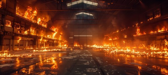 Burning empty warehouse interior. Generative AI technology.