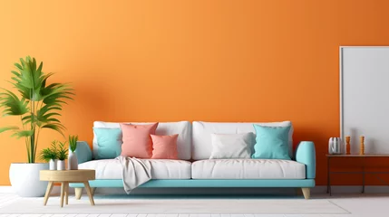 Fotobehang modern colorful home mockup sofa wall template ideas creativity home interior concept colorful wall and decorative propr decorate in living room daylight © Fareedoh