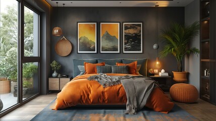Modern Bedroom Interior with Forest View and Vibrant Orange Accents