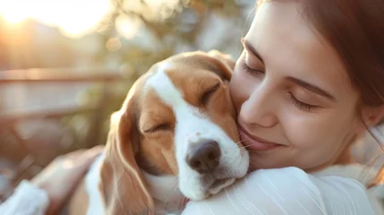 Foto op Aluminium Sunlight warms a grinning young woman in white as she cuddles her joyful beagle. The dog's eyes crinkle shut in a happy embrace, sharing a perfect moment on a sun-drenched terrace © kamonrat
