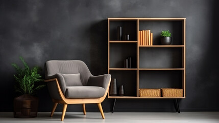 Shelving unit and console table near dark wall Scandinavian style interior design of modern living room with wooden chair
