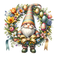 Fototapeta na wymiar Watercolor Easter Gnome with Easter Wreath 