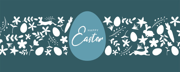 hand drawn Happy Easter horizontal seamless pattern with bunnies, flowers, easter eggs.