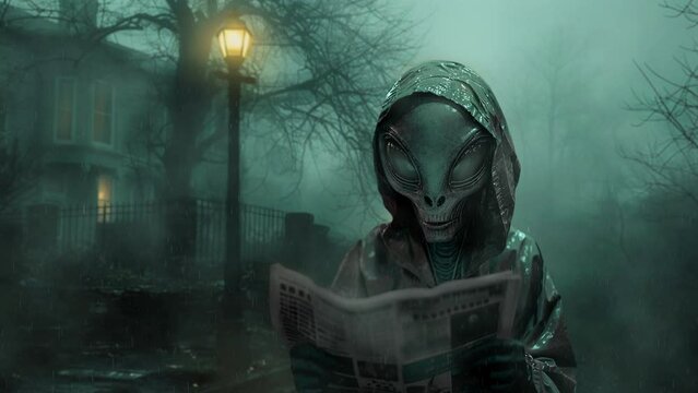 An alien with a newspaper in a residential area