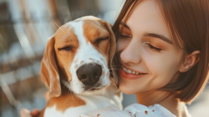 Sunlight warms a grinning young woman in white as she cuddles her joyful beagle. The dog's eyes crinkle shut in a happy embrace, sharing a perfect moment on a sun-drenched terrace