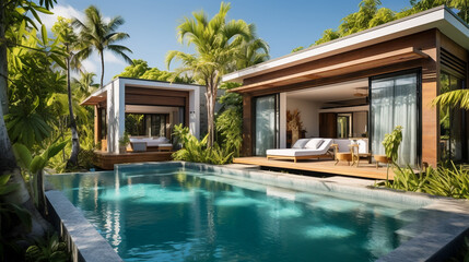 Fototapeta na wymiar Tropical pool villa with bedroom showcasing home design and garden