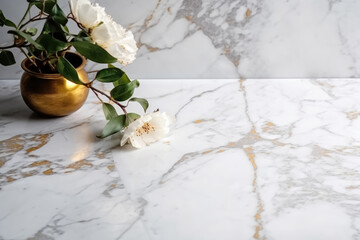 White roses in a gold vase on a white marble background, copy space