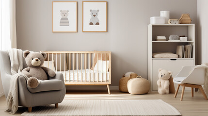 An interior render of a nursery featuring a stylish scandinavian newborn baby room with toys plush animals and child accessories