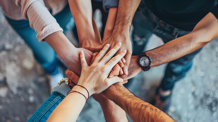 Team Unity Shown Through a Group Hand Stack
. A diverse team places their hands together in a unified stack, symbolizing teamwork and collaboration outdoors.
 - obrazy, fototapety, plakaty