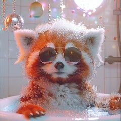 A whimsical image of a red panda immersed in a bubble bath, donning cool sunglasses and looking...