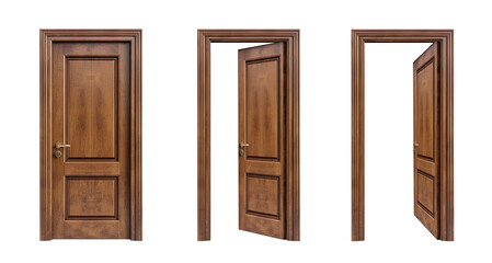 Transparent Wooden Door set. Open, Half Open, Ajar, Closed door clipart