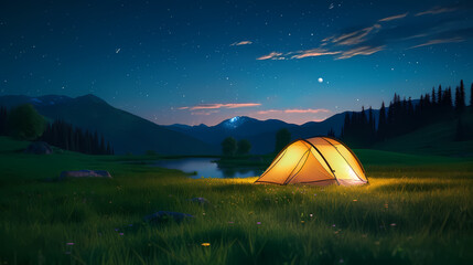 Camping at sunset, view of camping tent in summer evening