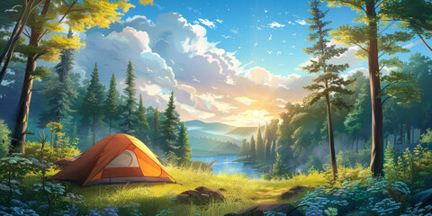 a tent is set up in the middle of the wilderness,Camping tent in a camping in a forest