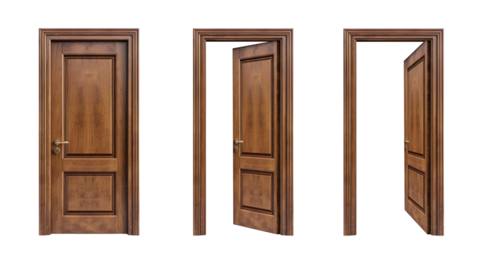 Transparent Wooden Door set. Open, Half Open, Ajar, Closed door clipart