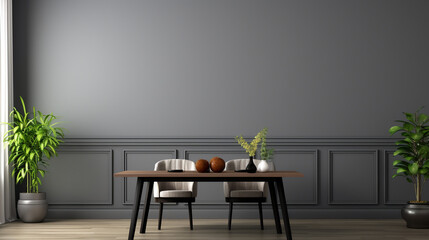Grey eating room interior with decoration and dining table mockup frame