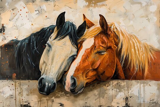 Classic Strong brush stole painting, with two horses, sleeping, laying down, snuggling and cuddling, putting head together