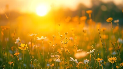 Abstract soft focus sunset field landscape of yellow flowers and grass meadow warm golden hour sunset sunrise time