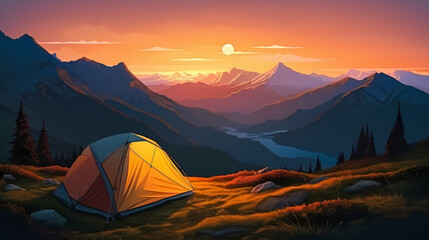 Camping at sunset, view of camping tent in summer evening