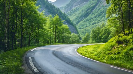 Asphalt road and green forest with mountain nature landscape