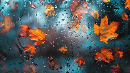 autumn leaves on rainy glass texture bright abstract natural backdrop concept of fall season