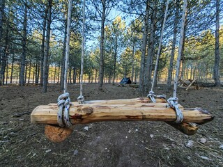Wilderness haven. Wooden swing retreat. Wide angle perspective. Black tent in the natural environment.